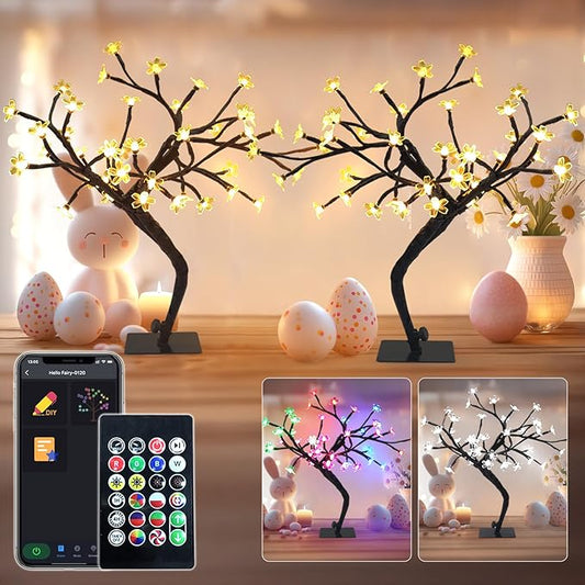 Smart LED Cherry Blossom Tree 2 Pack 16'' – App Remote Control Twinkling Bonsai Tree Music Sync & 16 Million Colors – Lighted Table Lamp for Indoor Decor, Decorative LED Spirit Tree Easter Decorations