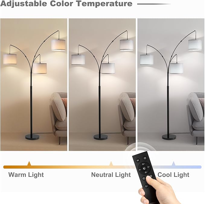 Floor lamp with Remote, 3 Light Arc Floor Lamps for Living Room, 2400LM Tall Standing Floor Lamps with Gray Shades, 80" Large Floor Lamp for Bedroom, Office