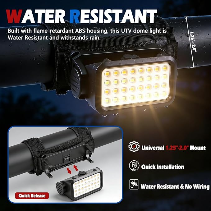 Xislet UTV Dome Light, Rechargeable Overhead Roll Bar Light with 5 Modes & 32 LEDs, Universal 1.25"-2.0" Mount for Polaris RZR, Can-Am, Jeep, Golf Cart, Boat, ATV Interior LED Lighting