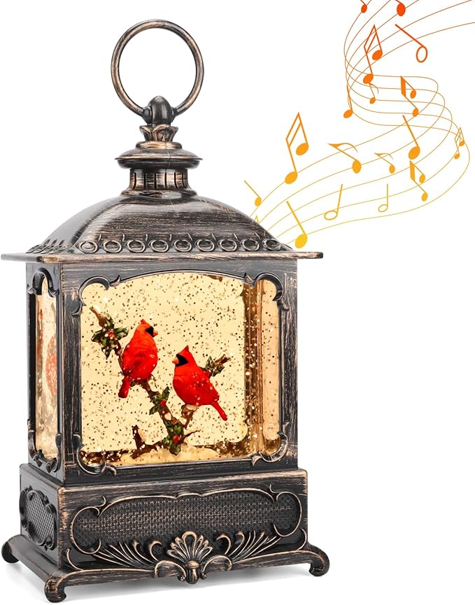 Cardinal Snow Globe Christmas Decorations Lantern, Glittering Lighted Plug-in, 3 AA Battery Operated & USB Powered, Cardinal Snow Globe Lantern for Christmas Home Decoration and Gift