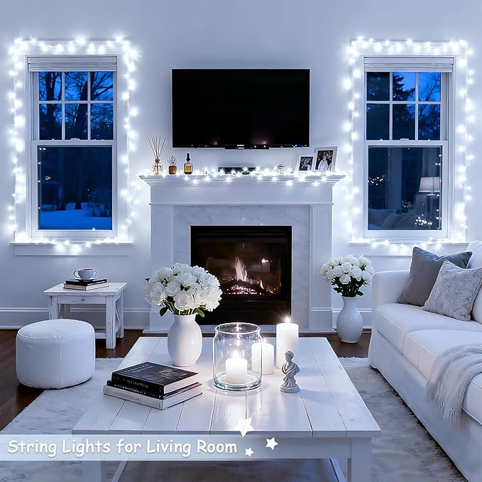 JMEXSUSS 2 Pack 100 LED White Christmas Lights Indoor, 33ft 8 Modes White String Lights Indoor Outdoor Connectable, Clear Wire Christmas String Lights for Bedroom Tree Xmas House Party Decorations