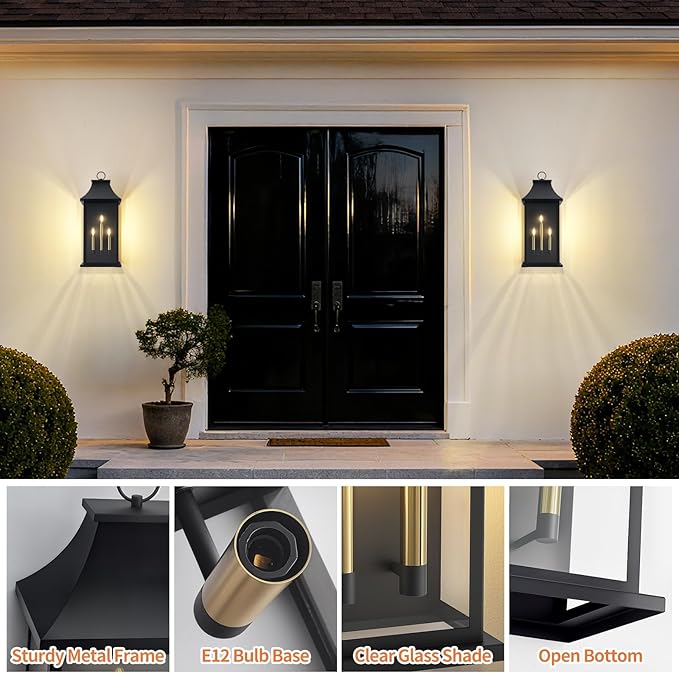 tewei 28'' Large Outdoor Wall Light, Porch Light Outdoor Wall Sconce Lantern, 3-Light Black Exterior Lighting Fixture Wall Mount E12 Gold Base, Outside Light for House Backyard Garage, 1-Pack