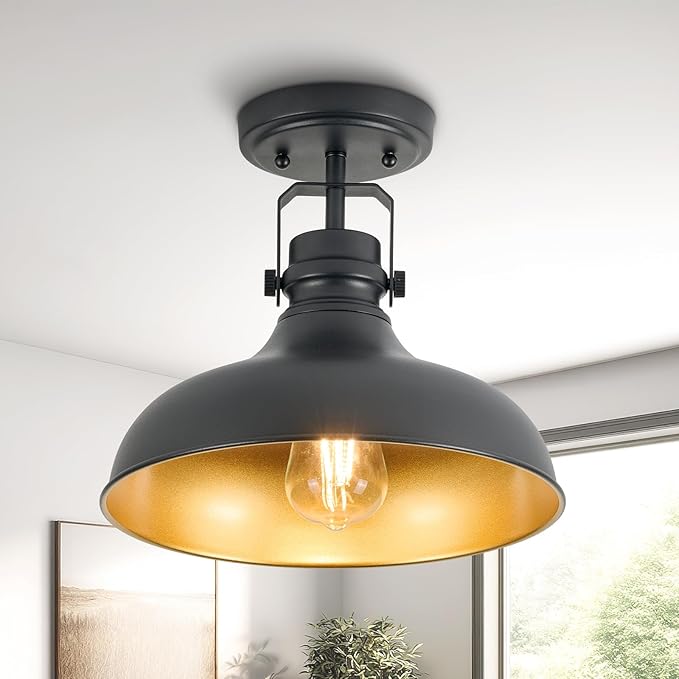 Metal Semi Flush Mount Light Fixture 11.4 inch Ceiling Light Black Hallway Light Fixtures for Kitchen,Hall,Bedroom,Bathroom,Entryway 1 Pack