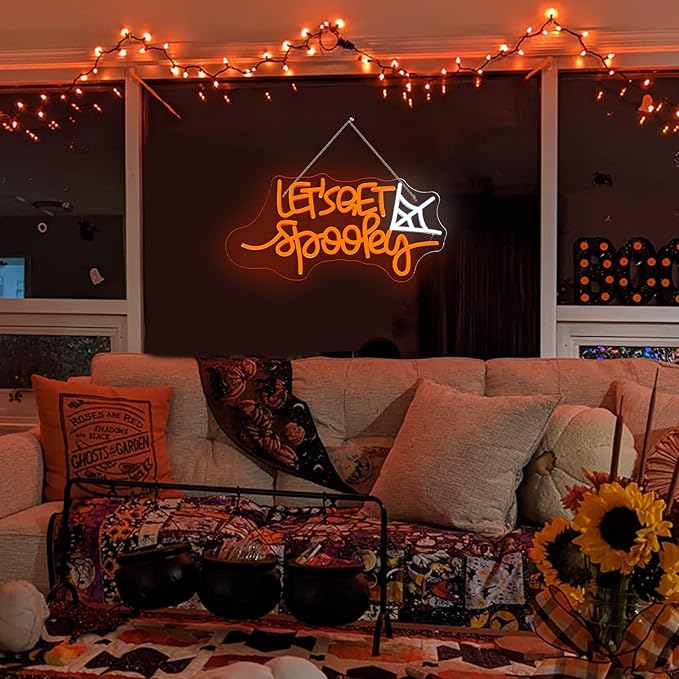 Let's Get Spooky Neon Sign - Halloween Neon Signs for Wall Decor Halloween Neon Light USB Light Up Sign for Halloween Party Decoration,Halloween Decor,Bedroom,Living room,Windows