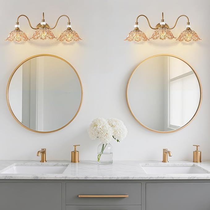 Vintage Bathroom Vanity Light, 3-Light Matte Deep Brass Finish Vanity Light with Flower-Shaped Amber Glass Shades, Retro Wall Sconce for Bathroom