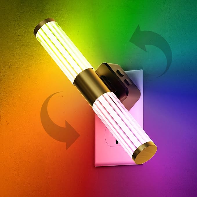 L LOHAS LED Night Lights Plug into Wall, RGB Color Changing Night Light for Kids, Acrylic Rotating Nightlight Dimmable with Light Sensor, for Bedroom Bathroom Hallway Children Christmas Party, 1 Pack