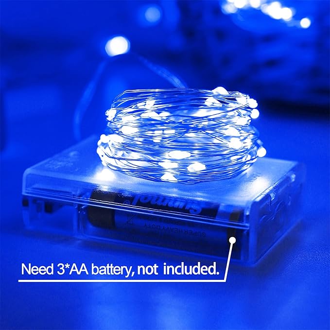YAOZHOU Christmas Decorations Blue Fairy String Lights, Battery Operated with Timer, 2 Pack Total 33FT 100 Led Mini Battery Powered Mason Jar Waterproof Firefly Lights DIY Party