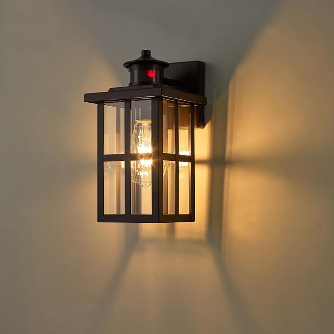 MICSIU 11.75" Bronze Motion Sensor Outdoor Wall Light, Dusk to Dawn Exterior Wall Sconce with 3 Modes, Clear Glass Anti-Rust Porch Light for House, Garage, Oil Rubbed Bronze, 1-Pack