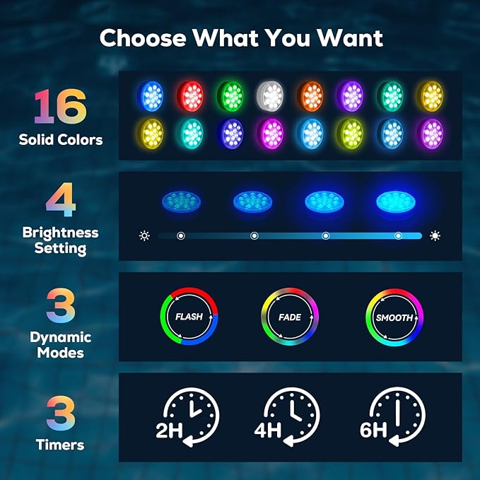 Pool Lights - 2 Pack, Rechargeable Submersible LED Pool Lights with Remote, IP68 Waterproof Underwater Pool Decor Light for Inground Pools, Above Ground Pools, Parties, Hot Tubs, Vase Bases