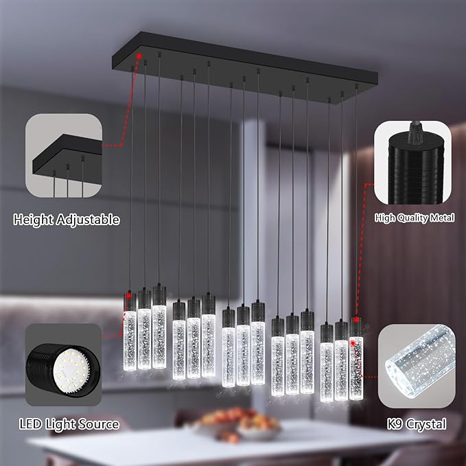 15-Lights Modern LED Pendant Lighting Fixture for Kitchen Island Crystal Chandelier Light Fixtures for Dining Room