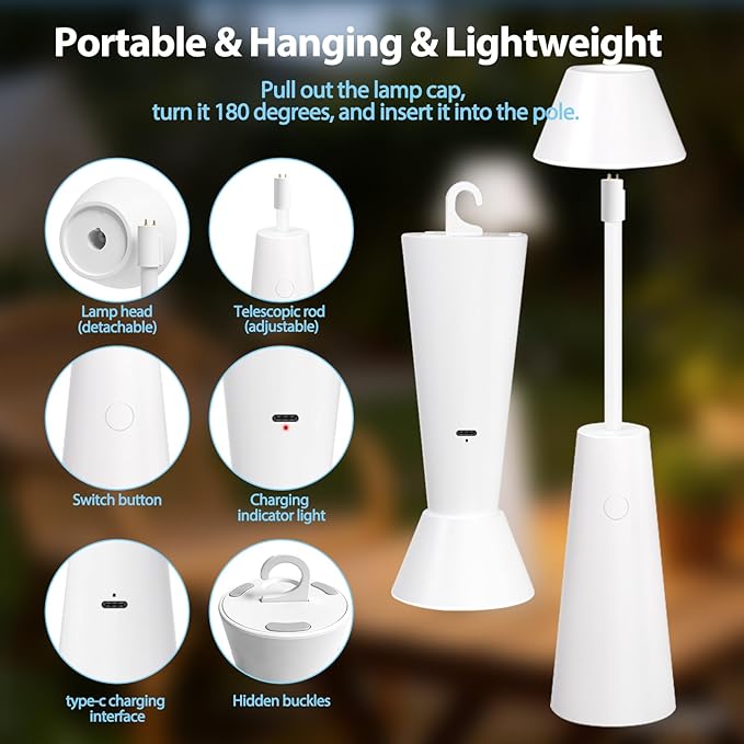 LED Camping Lantern,Cordless Rechargeable Table Lamp with Adjustable Height,3-in-1 Portable Bedside Lamp,2 Color Modes,Small Rechargeable Lamp for Camping,Emergencies, Power Outages,Outdoor Activities