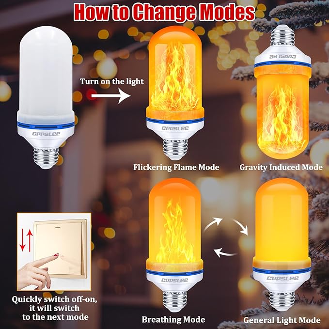 CPPSLEE Upgraded LED Flame Light Bulbs, 4 Modes Flickering Light Bulbs, E26 Base Fire Flame Bulb for Halloween Decorations Outdoor, Christmas Lights Patio Indoor Home Decor (Yellow, 4 Pack)