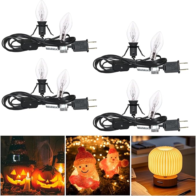 6FT Accessory Cord for Craft Lighting Halloween Pumpkin Christmas House Decorations, 4 Sets Candelabra-Base E12 Socket C7 Bulbs Clip Light with On/Off Switch Plugs (8 Bulbs, 4 Spare)