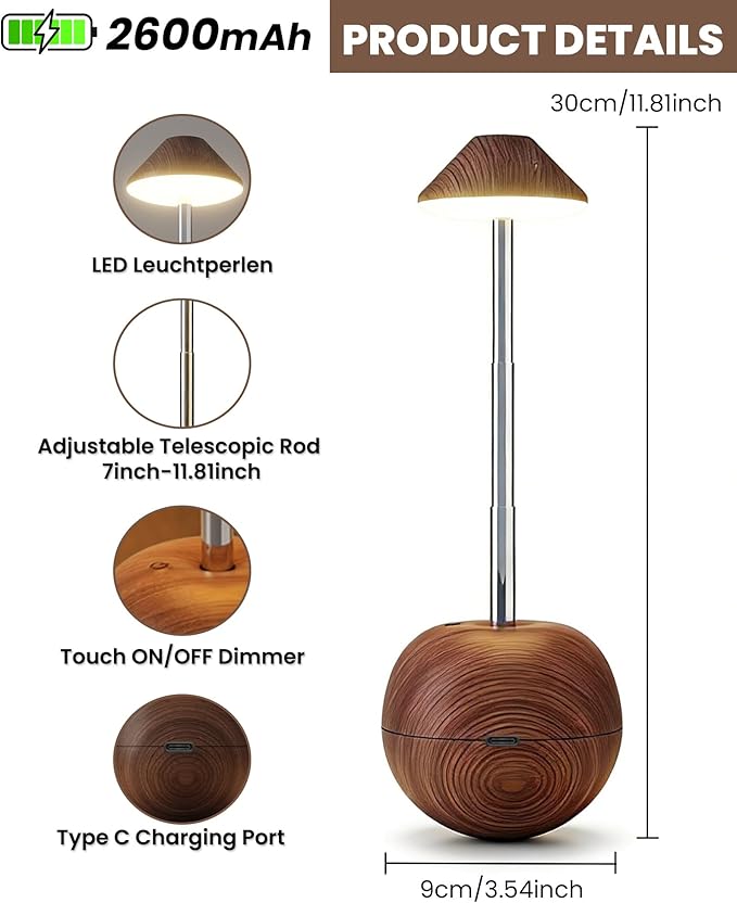 yadoker Tumbler Table Lamp with Remote, Cordless Touch Bedside Lamp, Rechargeable USB Small Lamp for Nightstand, Multiple Colors Dimmable Mushroom Shape Night Light for Nursery, Bedroom (Walnut)