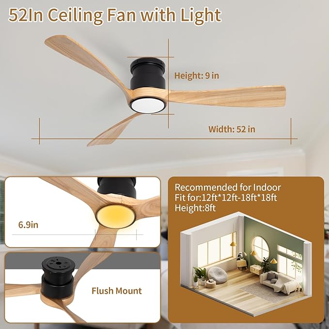 52inch Ceiling Fan with Lights,Wood Flush Mount Ceiling Fans with Remote Control,Dimmable Light,3 CCT,6 Speeds,Noiseless DC Motor,Ceiling Fan for Bedroom,Living Room,Office,Indoor,Natural Wood