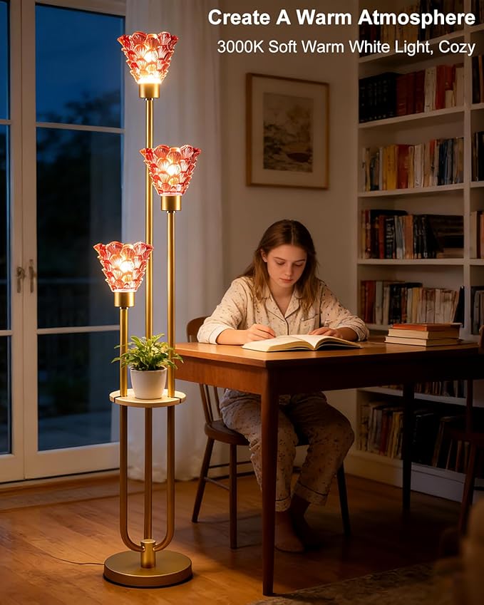 Glass Floor Lamp with Table, 62'' Gold Standing Tall Lamps with Rose Red Glass Shade, 3000K Warmwhite Mid Century Modern Floor Lamp for Living Room/Bedroom/Sofa Beside/Home Corner