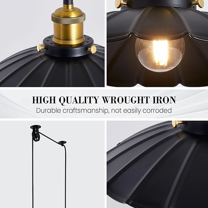 Plug in Hanging Light, Vintage Black 9.8 Inch Lampshade Plug in Pendant Light for Dining Room and Living Room, Kitchen Island Retro Hanging Lamp Fixtures