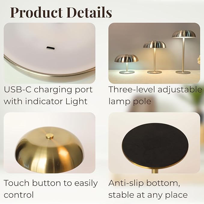 Portable Mushroom Table Lamp with 5200mAh Battery, 11'' Cordless LED Night Light with Stepless Dimming, 3 Color Modes & Adjustable Height for Bedroom/Patio/Bar Decor/Coffee Shop Ambiance (Gold-tall)