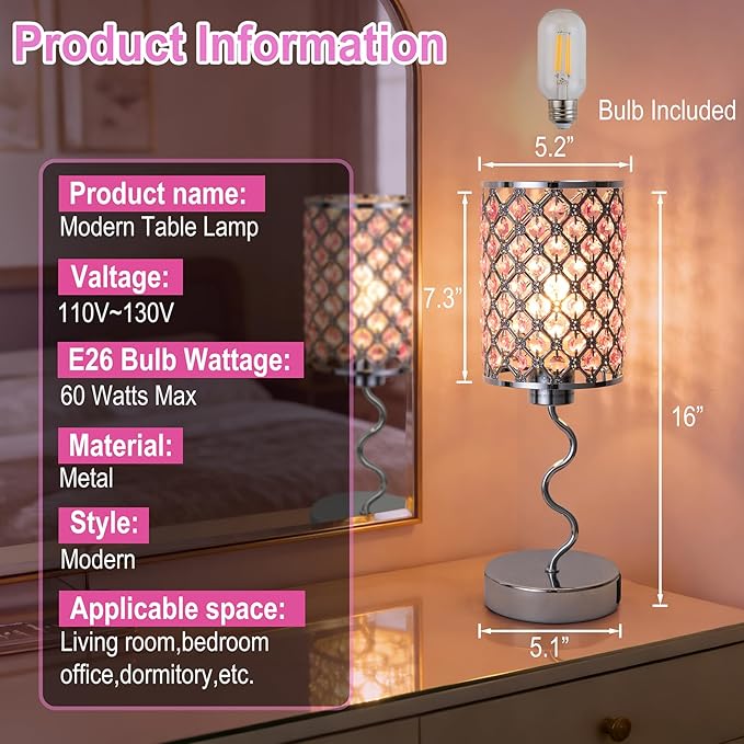 Crystal Table Lamp with 3 Way Dimmable Touch Control, Nightstand with USB A+C Ports, Modern Bedside Touch Lamp for Bedroom, Living Room, Office Reading, Pink