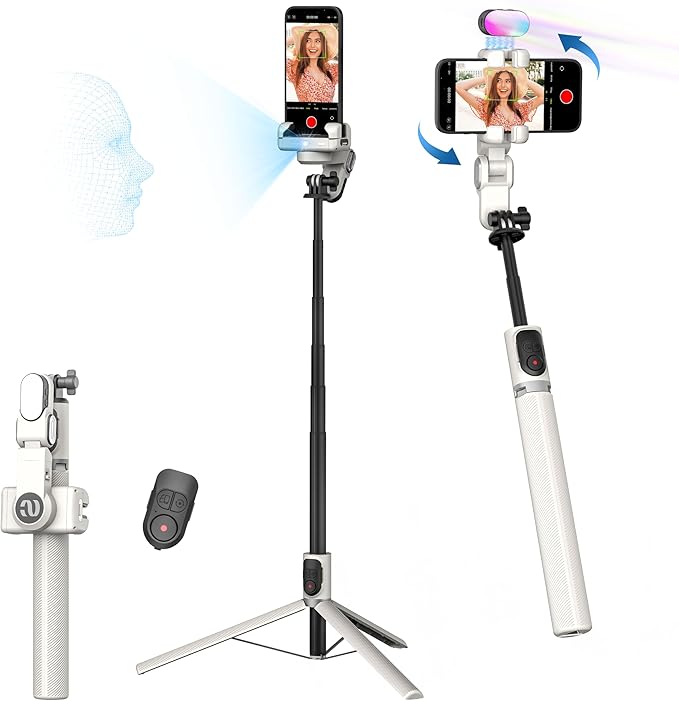 AOCHUAN Auto Face Tracking Tripod 360 Rotation w/Stand for iPhone Android,Selfie Stick Phone Stand 360 Rotating for Video Recording,Phone Holder Follow You w/Remote,RGB Light for TikTok(M2Pro White)
