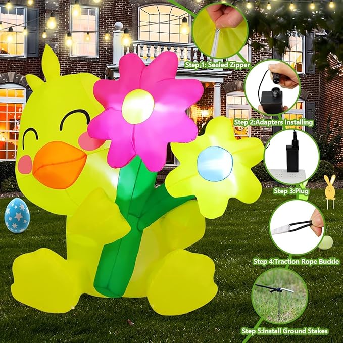 COMIN 5.2 FT Tall Easter Inflatables Chick take Flower Outdoor Decorations Blow Up Yard with Built-in LEDs for Indoor Party Garden Lawn Decor