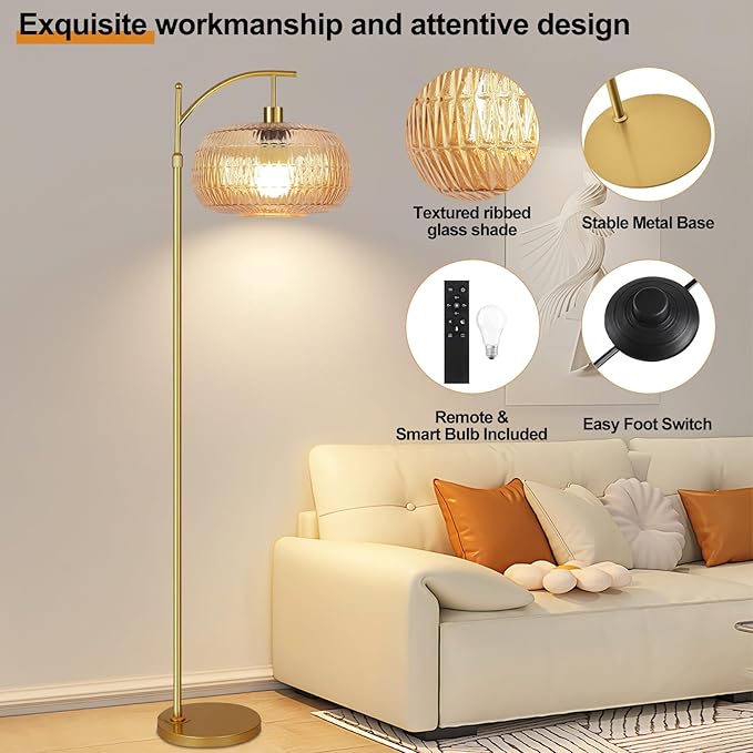 Glass Floor Lamp for Living Room,Bedroom,Gold Dimmable Standing Lamp with Remote,Mid Century Modern Brass Tall Lamp Retro Vintage Lamp Floor Light Boho Bohemian