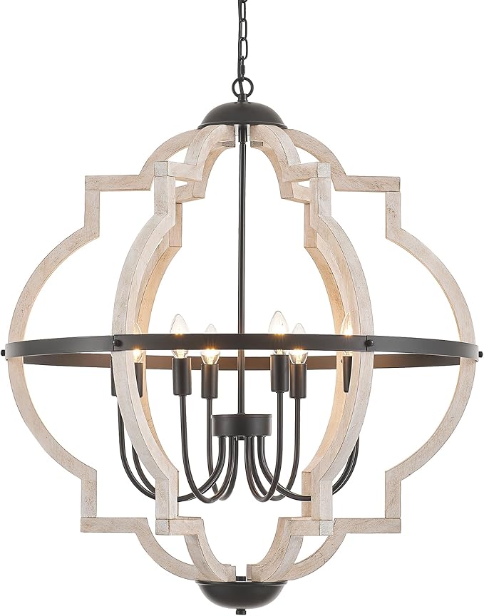 8-Light Wood Pendant Light,31.96'' Vintage Rustic White Wood Chandeliers,Retro Industrial Hanging Light Fixtures for Dining Room Entryway, Bedroom