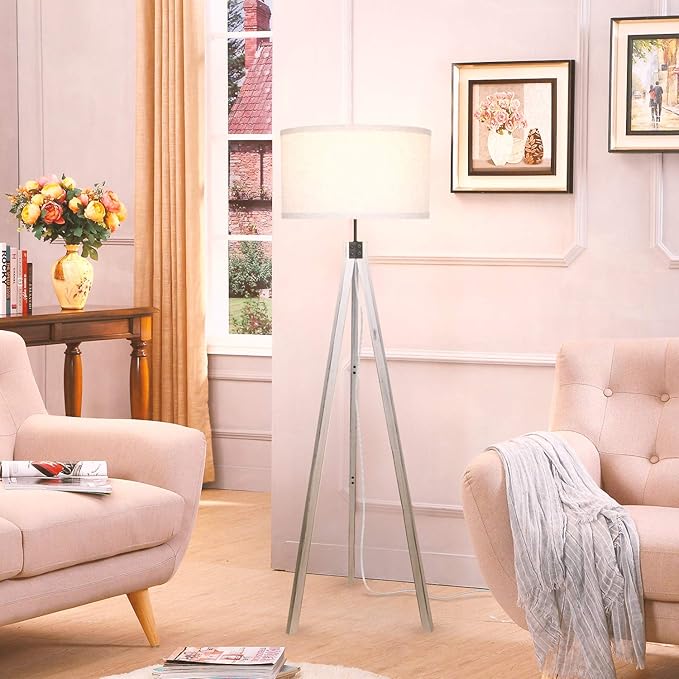 Brightech Eden Tripod Floor Lamp, Dimmable Standing Lamp with Solid Wood Legs for Bedroom Reading, Tall Tree Lamp for Offices, Modern LED Lamp for Living Rooms, Great Living Room Decor - Rustic Wood