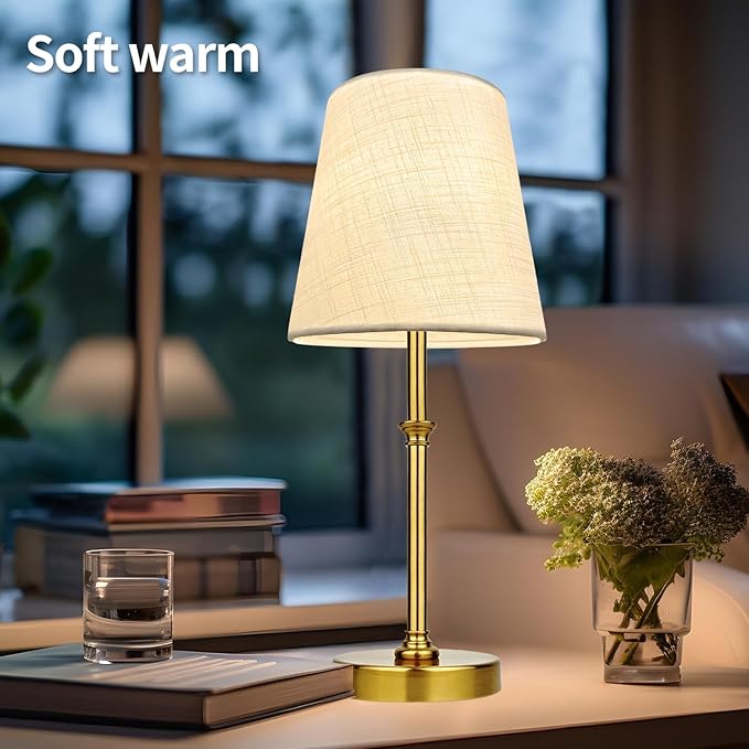 BLUEYE Cordless Table Lamps,Remote Control,5200mAh,No Flicker,2700K-6000K,Rechargeable Bulb,50W Equivalent,Retro Style,Fabric Shade,Battery Operated Ambient Light for Bedside,Hallway,Restaurant,Gold