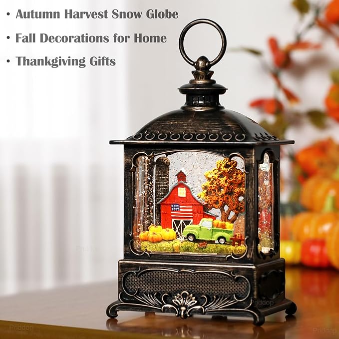 Fall Snow Globe Lantern Fall Decorations for Home Thanksgiving Autumn Harvest Fall Decor Swirling Glitter Snow Globes Barn Truck Pumpkin Farm Timer Music