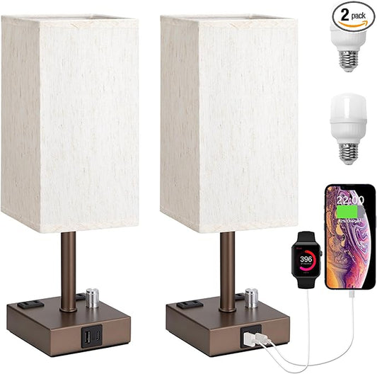 aooshine Brown Fully Dimmable Nightstand Lamps Set of 2 - Table Bedside Lamp with USB C+A Charging Ports & 2 AC Outlets, Square Lamp Sets Linen Fabric Shade for Bedroom (Bulb Included)