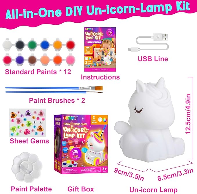 EPUMP Paint Your Own Unicorn Lamp Kit - Rechargeable 1200mAh Night Light with 2 Light Modes, Arts and Crafts Painting Toys for Girls Boys, Art Supplies Birthday Gifts for Kids Ages 3-12+