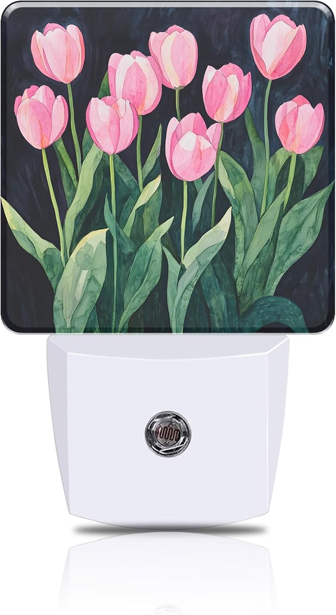 Pink Tulips Night Light, Floral Plug-in Nightlight with Dusk to Dawn Auto Sensor for Home Bedroom Hallway Kitchen 0.5W Sleep Friendly Led Lamp for Women Men