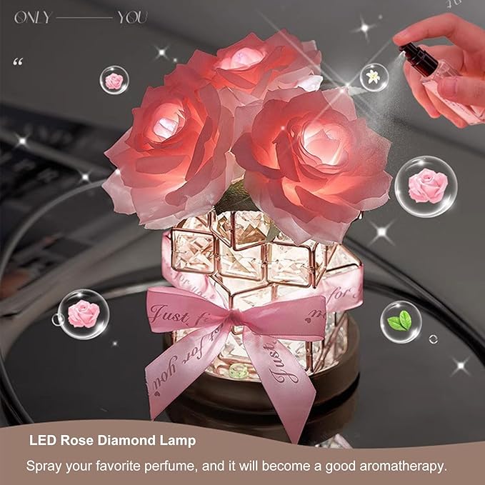 Crystal Table Lamp, Rechargeable Cordless Rose Light 3 Colors Dimmable Flower Lamp, Romantic LED Rose Diamond Lamp for Bedroom Living Pink Room Decor, Valentine Birthday Gift for Her