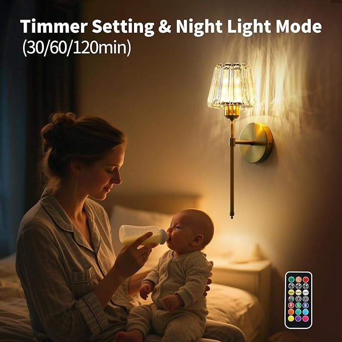 Battery Operated Crystal Wall Sconce Set of 2, Gold Rechargeable Wireless Wall Sconces with Remote Dimmable 12 Colors Modes Led Wall Lights, Wall Lamp for Bedroom Living Room Hallway, 2 Bulbs Included