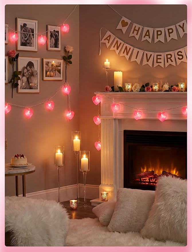 Valentine’s Day Heart String Lights Plug in, 8.5FT Pink LED Heart Lights for Indoor Outdoor Decor, Connectable Valentine Pink Fairy String with Soft Romantic Glow