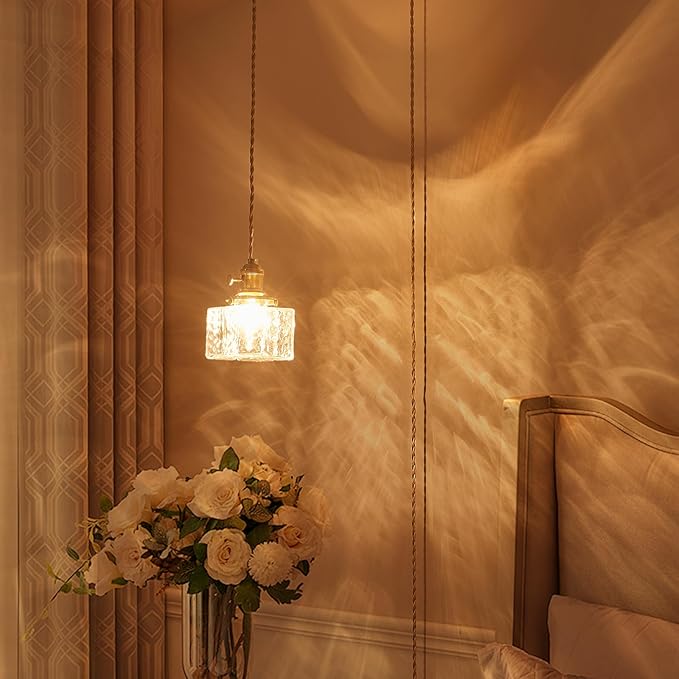 Plug in Pendant Light, Clear Cube Glass Shade Hanging Lamp, Industrial Pendant Light for Basement, Dinning Room and Bedroom Minimalism Glass Pendant Lights Kitchen Island