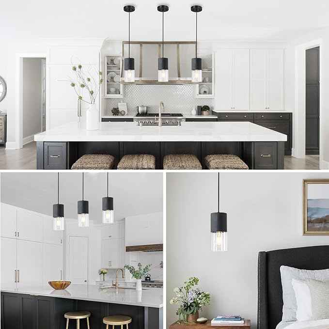 Black Pendant Light Fixtures, Adjustable Modern Pendant Lights for Kitchen Island, Industrial Clear Glass Pendant Lights for Dining Table Hallway Bedroom Living Room, 1 Pack