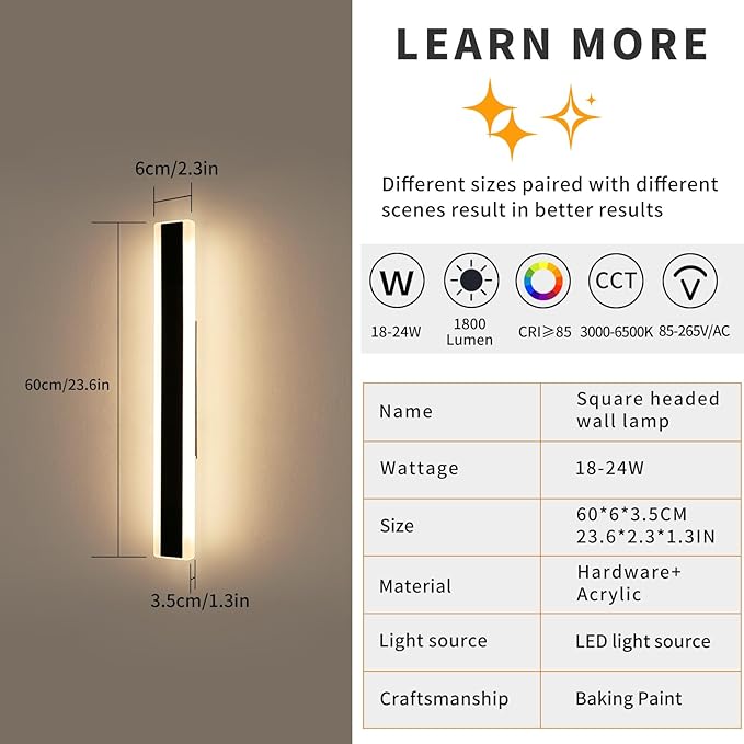 Mikeru 2pack 23.6inch Outdoor Wall Light Fixtures, 10%-100% Dimmable Outdoor Wall Lights Exterior Front Porch Light 3000-6000k Wall Mounted Led Lighting for Basement, Shop,Garage Lighting
