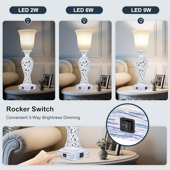 20" Table Lamp with 2 USB Ports, Vintage Bedside Lamp for Bedroom, 3-Way Dimmable Desk Lamp with Glass Shade, Rustic Farmhouse Nightstand Light for Living Room Entryway or Office, LED Bulb Included