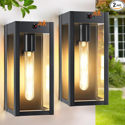 10.6" Motion Sensor Outdoor Wall Sconce Lights 2Pack, Dusk to Dawn Black Exterior Lighting Fixtures with 3 Lighting Modes, Front Porch Lights Outdoor Garage Lighting Fixtures Wall Mount for House
