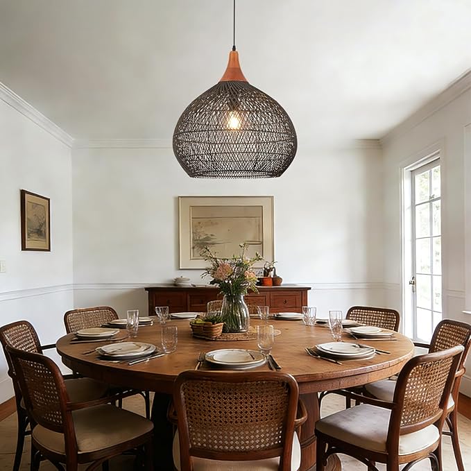Large Black Rattan Pendant Light, 20" Rattan Chandelier Hand-Woven Wicker Pendant Light Fixtures with Solid Wood, Basket Hanging Lighting for Dining Room Kitchen Island Living Room