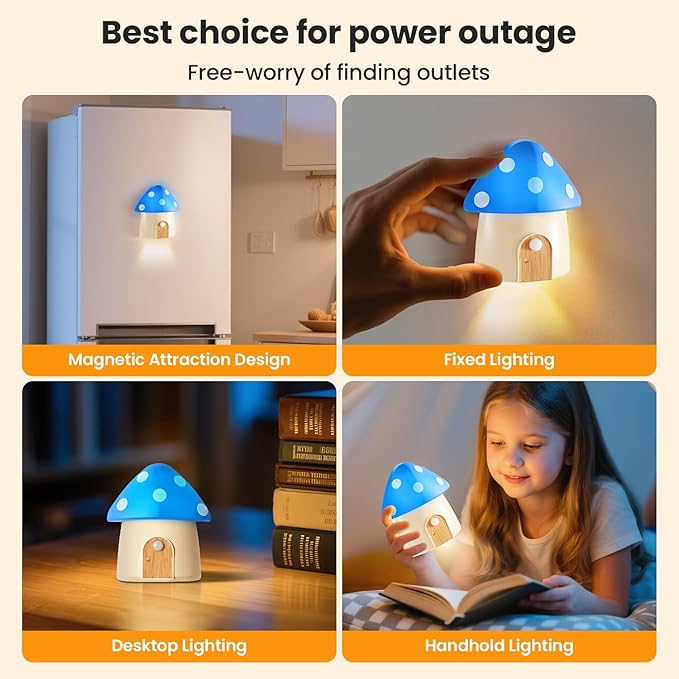 Rechargeable Motion Sensor Light, Mushroom Dimmable LED Night Lights Indoor, Magnetic Battery Night Light with 3 Color Temperatures for Adults Kids Hallway, Bedroom, Kitchen, Stairs, Blue