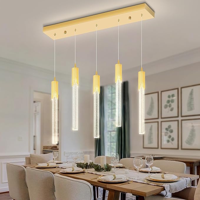 Flashing God 5-Lights Rectangular Pendant Lights for Kitchen Island Gold Linear Crystal Chandelier Modern Chandeliers for Kitchen Island Dining Room