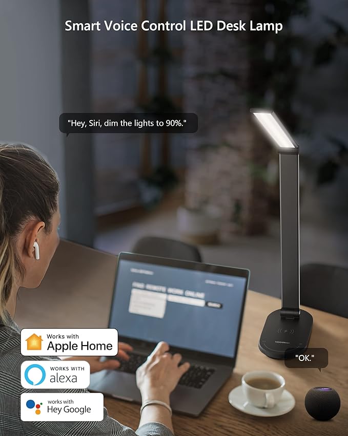 VOCOlinc Desk Lamp, LED Eye-Caring Desk Light for Home Office, Compatible with Homekit Alexa Google, Smart Desk Light with Stepless Dimming, Timer, Work for Reading, Study, Crafts