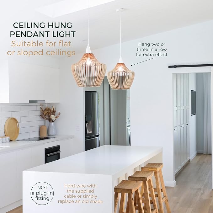 Wood Pendant Light - Easy-to-Assemble Ceiling Chandelier - Modern Boho Hanging Lamp Lighting Fixture for Dining, Kitchen, Bedroom, Living Room - Adjustable Nylon Cord, Uses Standard Bulb