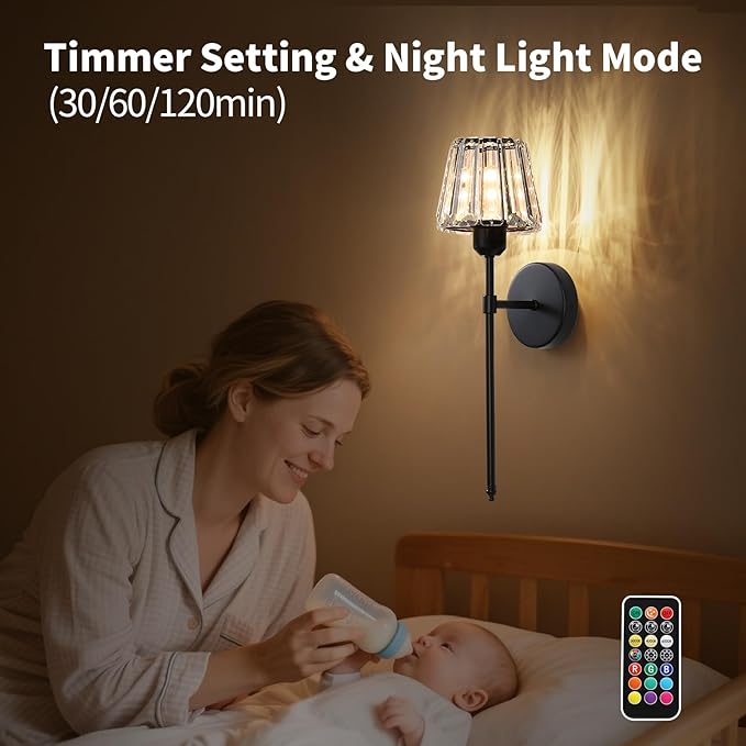 Battery Operated Crystal Wall Sconce Set of 2, Black Rechargeable Wireless Wall Sconces with Remote Dimmable 12 Colors Modes Led Wall Lights, Wall Lamp for Bedroom Living Room Hallway 2 Bulbs Included