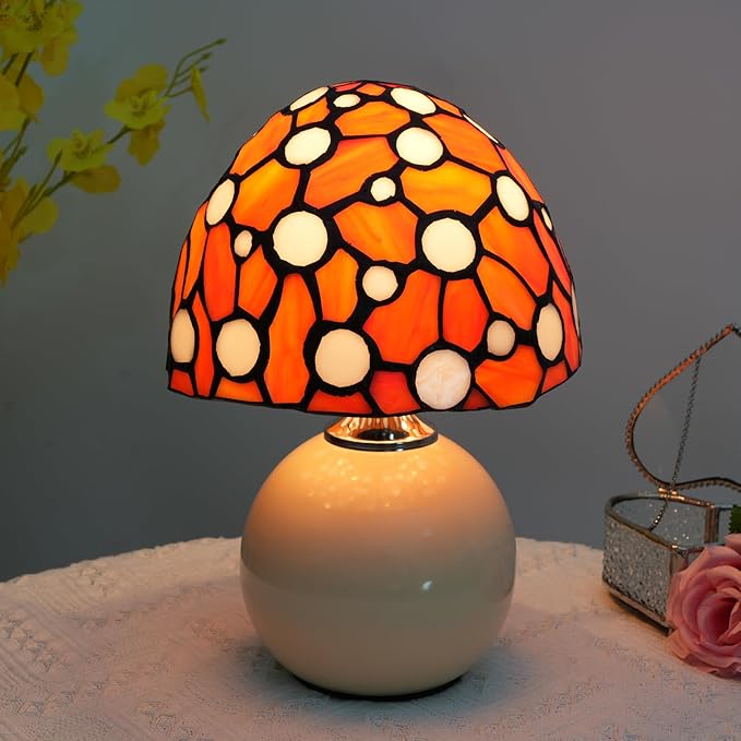 Orange Mushroom Lamp Bedroom Bedside retro Decor Art Nightstand unique Led Small Night Light Unique Esthetic Cute Kids Girls Vintage Home Ceramic Desk Tiffany Style Stained Glass Table Lamps