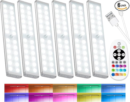 SZOKLED 58-LED Motion Sensor Under Cabinet Lights Wireless, RGB Closet Light Night Lights Remote, 1100mAh Rechargeable Under Cabinet Lighting Counter Lights for Indoor Kitchen, Stair (6 Packs)