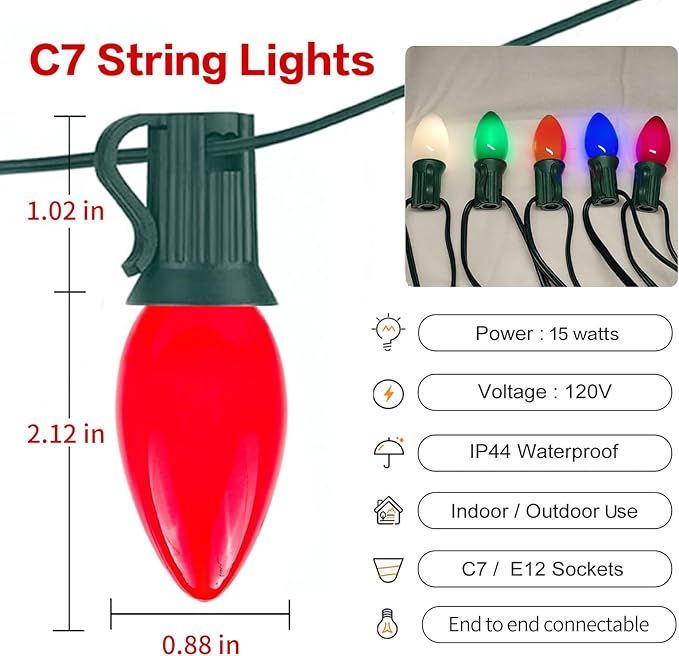 25FT C7 Multicolor Christmas Lights Outdoor, Waterproof LED String Lights with 25 Bulbs for Roof, Fence Patio Xmas Tree Holiday Decor